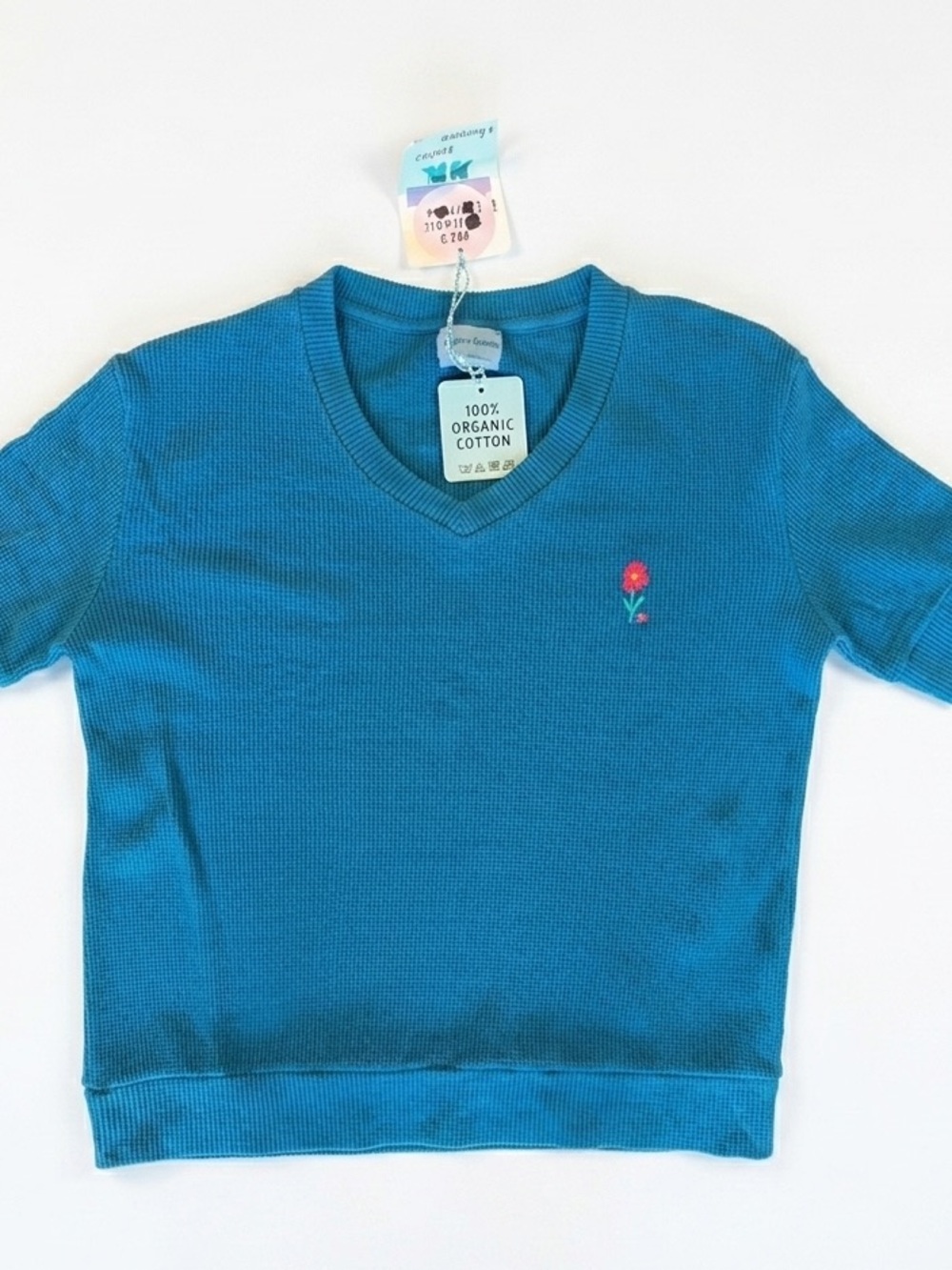 Bobo Choses Blue Waffle Knit Short Sleeve Sweater with Flower Embroidery